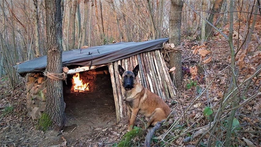 Bushcraft Skills - Fireplace Inside Survival Shelter Made of Stone and Wood, Winter Camping, Diy