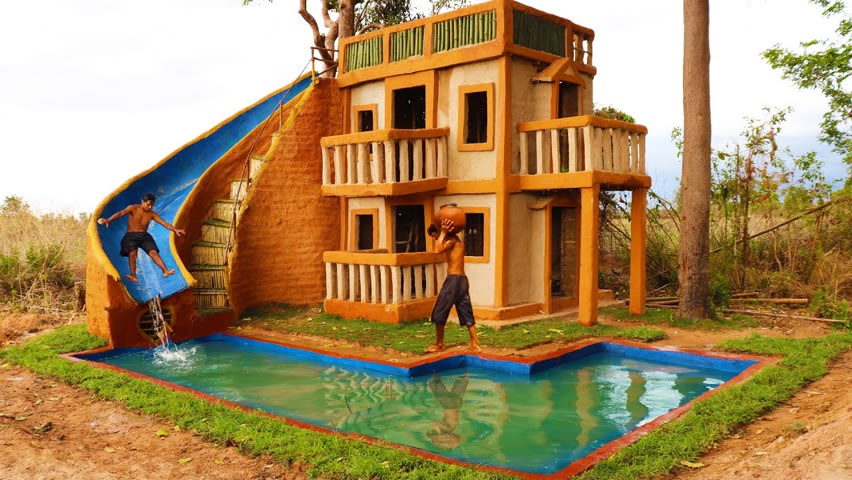 Build Fantastic Modern Mud Villa, Pool & Design Water Slide To Delightful Underground Swimming Pool