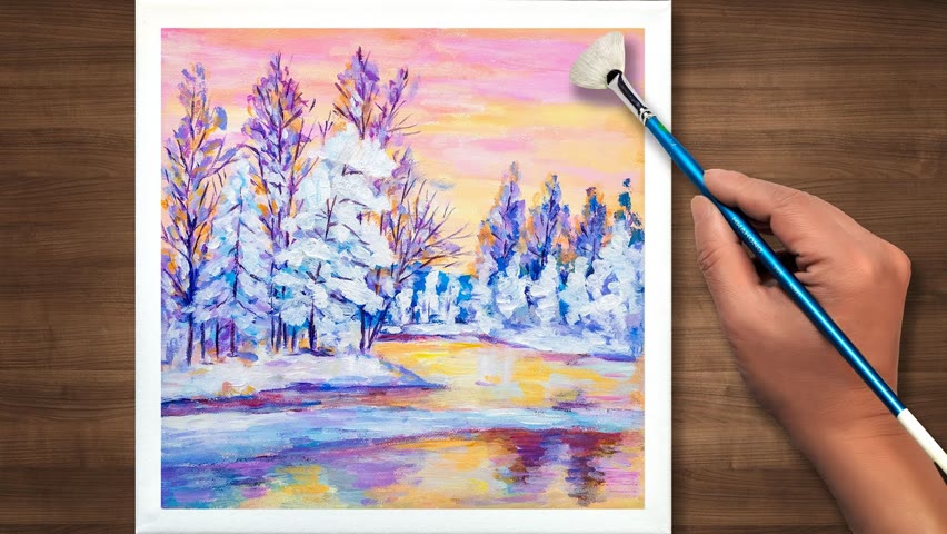 Easy acrylic painting for beginners | pink snow scene | daily Art #154
