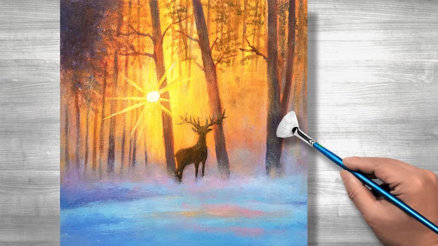 Easy acrylic painting snow | deer in the forest | daily Art #161
