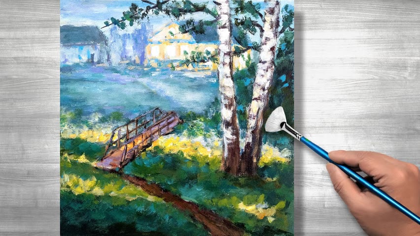Acrylic painting landscapes | Village morning | tutorial | art # 180