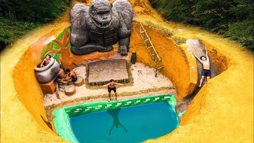 Build Heated Swimming Pool Water Slide King Kong Around Secret Underground House