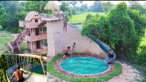Building The Most Creative Two-Story Villa House & Water Slide To Underground Swimming Pool