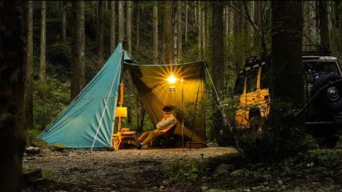 【ソロキャンプ】静かな林の中で薪ストーブとパイプオーブンで料理を楽しむ/テンマクデザインウッドストーブサイドビュー
