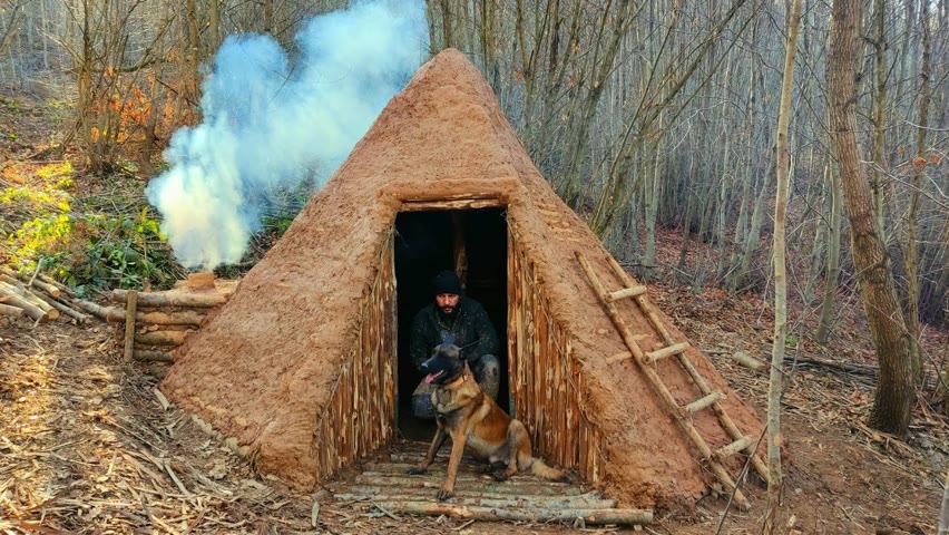 Building a Hunter Lodge with a Fireplace - Bushcraft Shelter from Wood and Clay (Part:1)