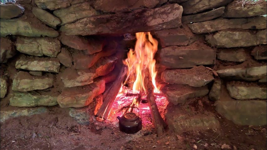 Fireplace Inside Survival Shelter Made of Stone - Bushcraft Shelter Camping, Winter Camping