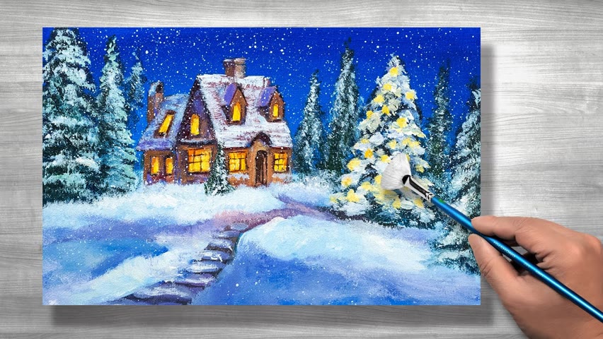 Easy acrylic painting christmas | snow house | daily art #158