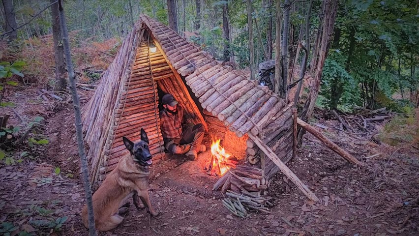 Bushcraft Shelter Camping: Building Fire Pit Roof, Survival Skills, Campfire Cooking, Wild Camp, DIY