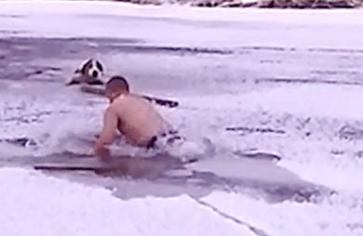 Man Hero Jumped Into a Frozen River to Save a Stranded Dog.