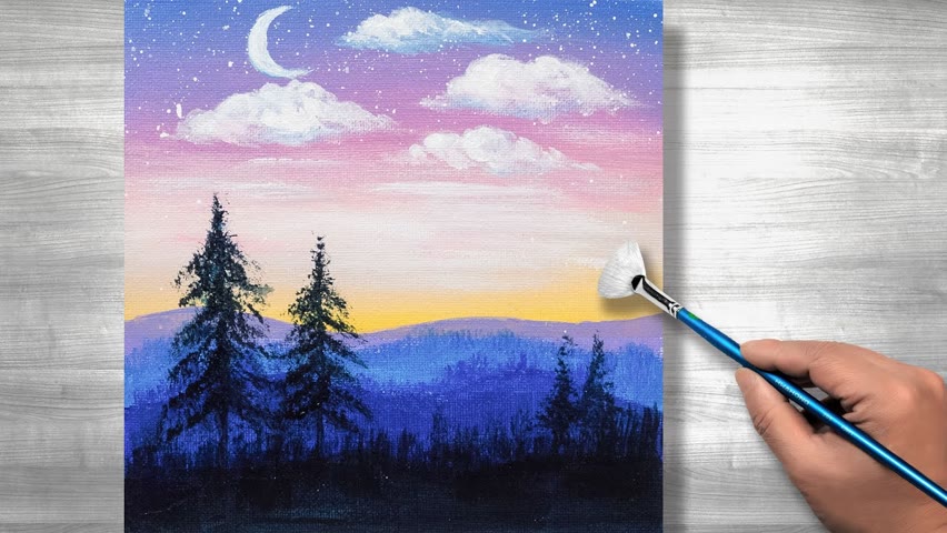 Acrylic Painting For Beginners | Daily Art ＃29 | Forest Moonlight