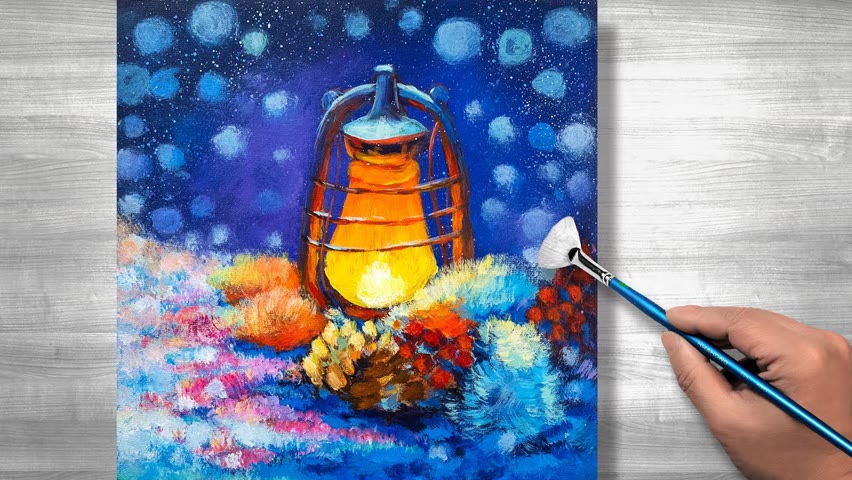 Easy acrylic painting christmas | lamp & pine cones | daily art #165
