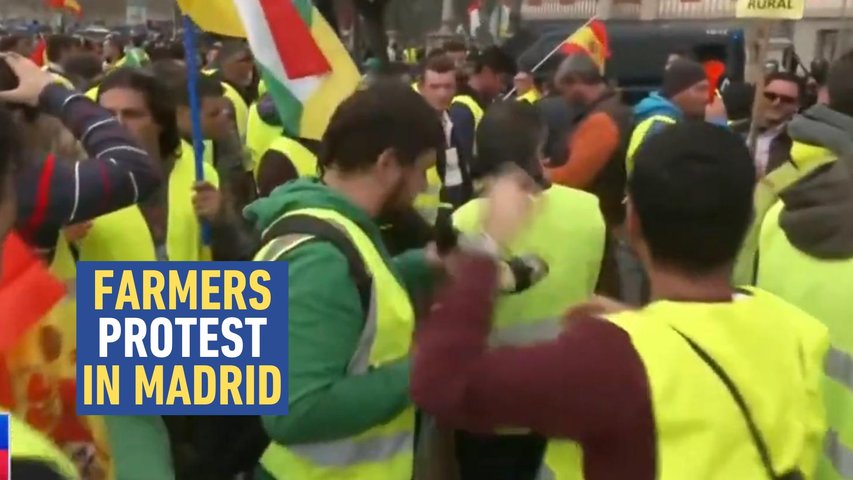 Video: Farmers' Tractor Convoy Swarms Spain's Ministry of Agriculture in Madrid