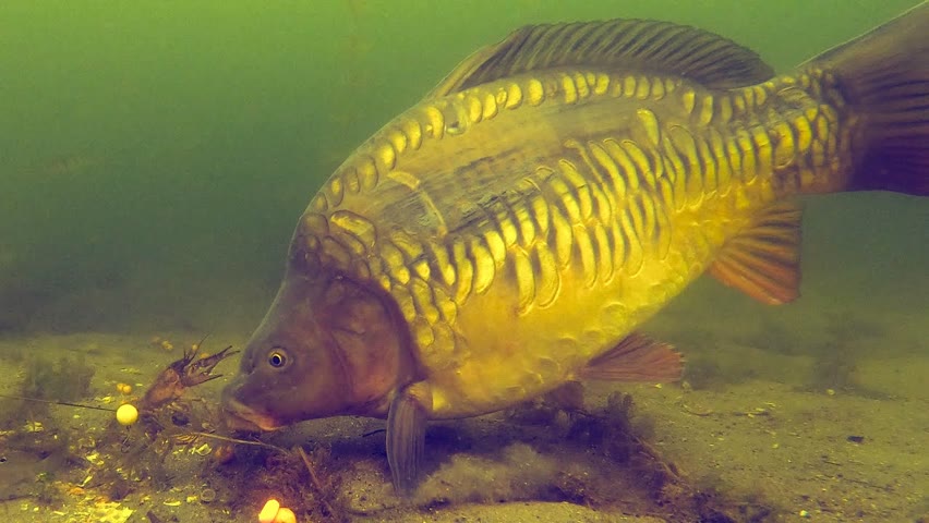 Underwater video of carp reacting to crayfish 2020 (High quality)