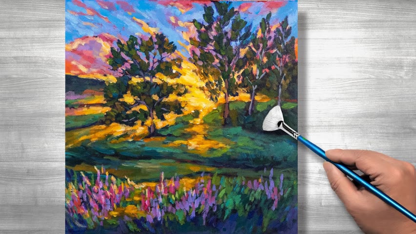 Sunset pastoral scenery | Acrylic Landscape Painting | step by step #275