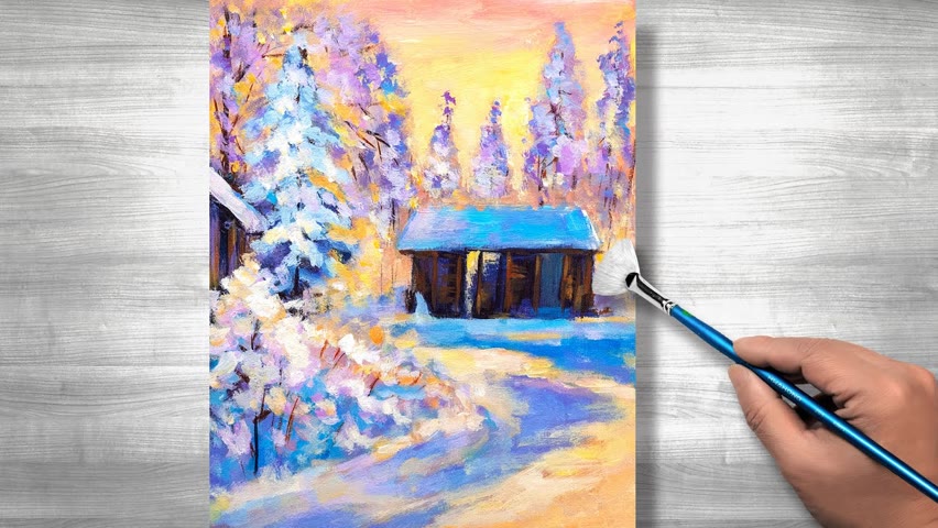 Easy acrylic painting winter | Winter snow landscape | daily Art #164