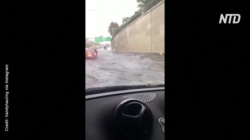 Flash Flood: Vehicles Struggling to Drive Through Floodwater in New York, Bus Soaked