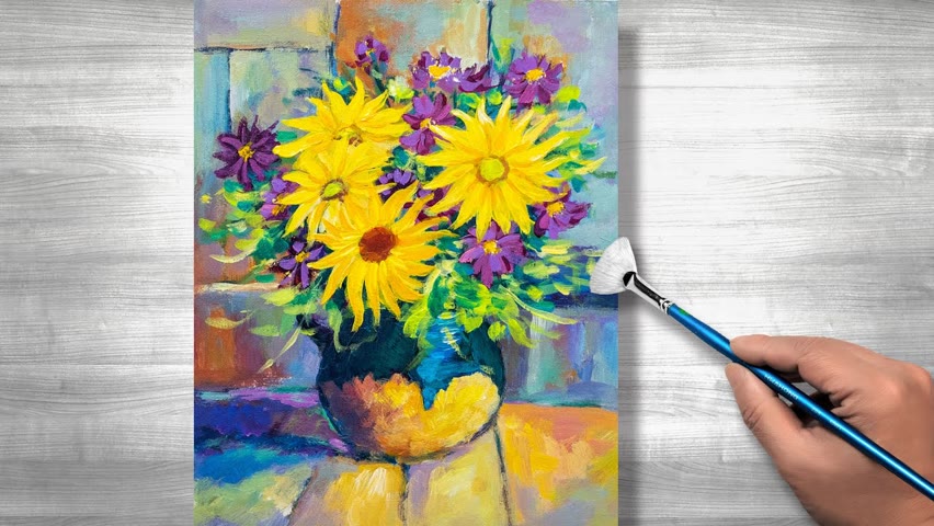 Acrylic painting tutorial flowers | sunflower in vase | daily art #167