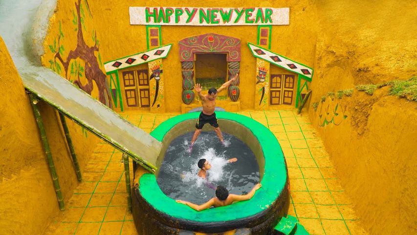 Build Heated Swimming Pool Water Slide Around The Secret Underground House Happy New Year