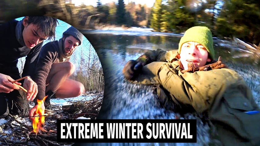 ICE FALL-Through far into the Wild, No Dry clothes!!! (4 item survival challenge)