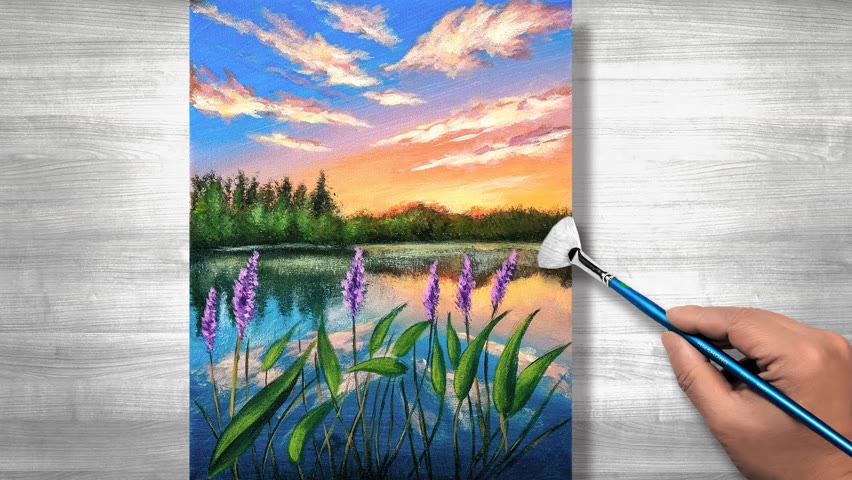 Beautiful lake landscape | Acrylic painting | step by step #255