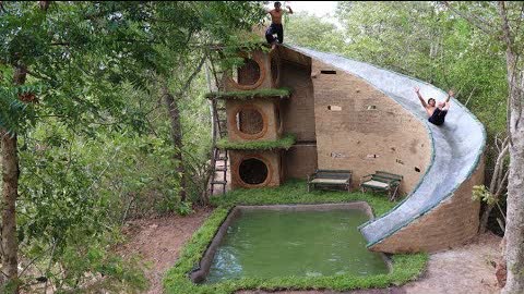 How To Build  Amazing Big Water Slide House  Around Underground Swimming Pool By Ancient Skill