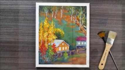 Acrylic painting landscape | Autumn village | daily art #173