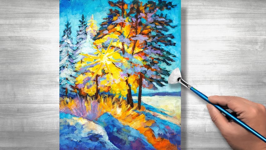 Acrylic painting winter | Sunset after snow | daily Art #166