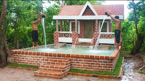 Buildding Amazing Pretty Brick Swimming Pool And Modern Two Story House Villa Design In Forest