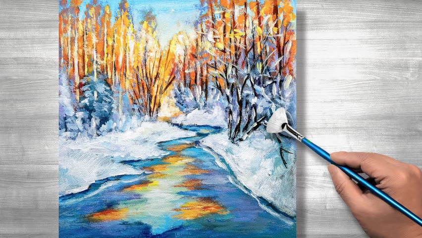 Easy acrylic painting snow | Winter stream | daily Art #162