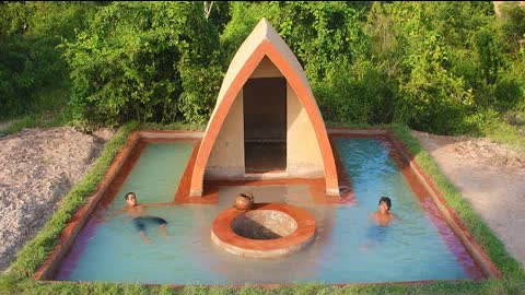 Building Beautiful Mud House ,Groundwater Well And Underground Swimming Pool In Forest