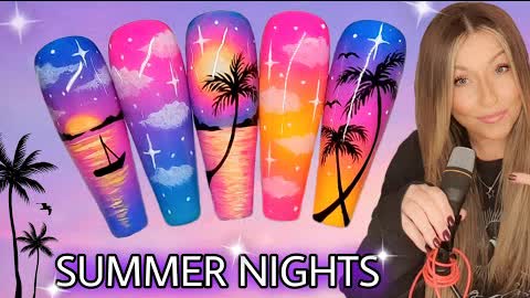 🌅 Summer sunset nails | Palm tree gel polish nail art design | Easy ombré | Galaxy | Beach | Cosmic