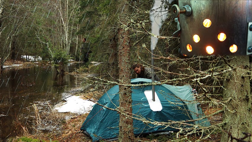 DIY Hot Tent Camping in COZY RAIN - Sleep by the Stream