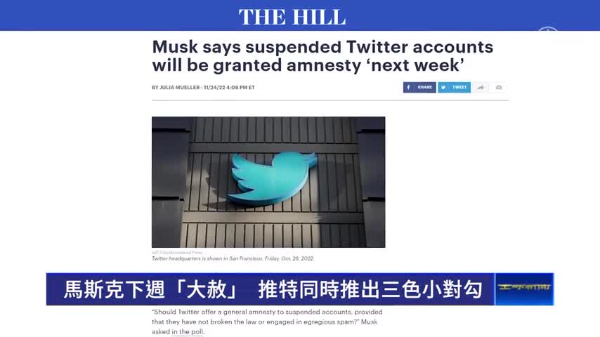 馬斯克下週「大赦」 推特同時推出三色小對勾｜ #新唐人新聞