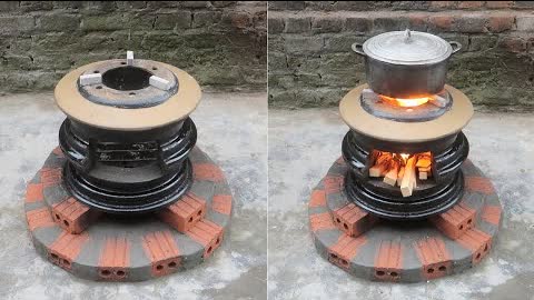 DIY wood stove - Ideas making wood stove from tyre rim and cement