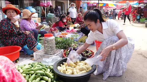 Village market in the morning, Buy ingredient for cooking / Stir-fry vegetable with pork recipe