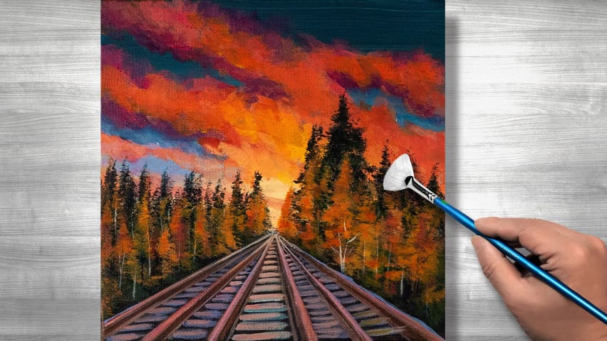 Sunset railway painting | Acrylic painting | step by step | Daily art #228