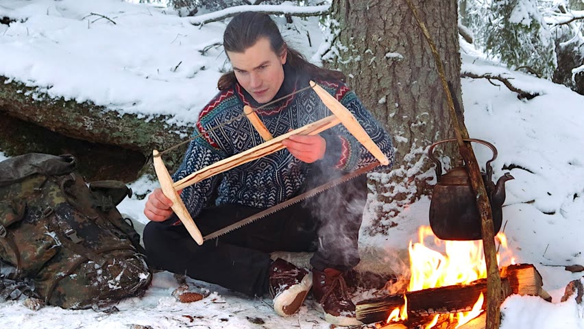 Winter Camping & Woodworking: Making a Traditional Frame-Saw, Campfire Cooking (Relaxing ASMR)