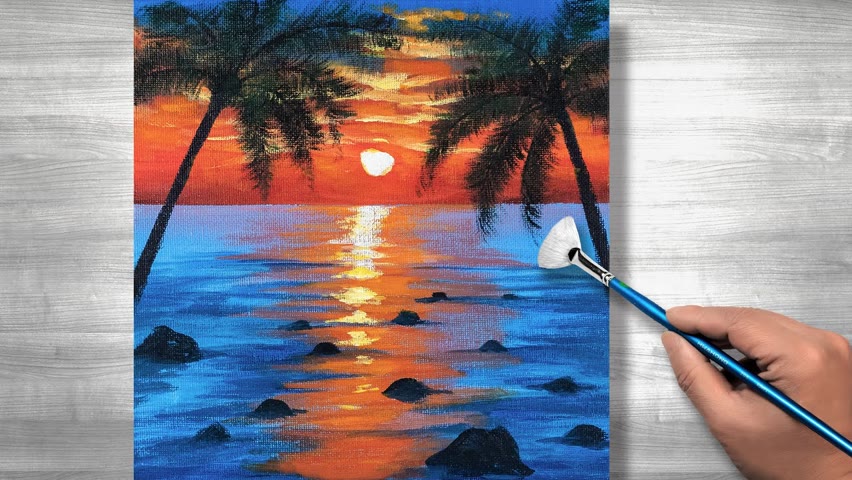 Sunset Painting | Acrylic painting for beginners | Step by step | Daily art #199