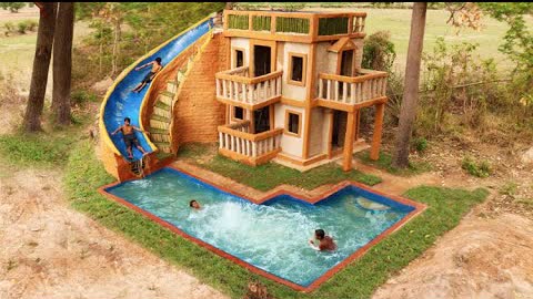 Build Water Slide From Top Three Story Villa House To Underground Swimming Pool
