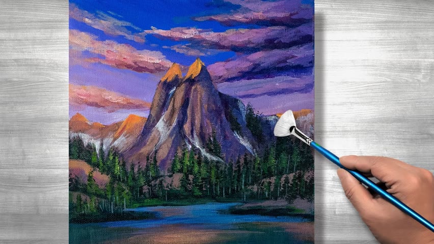 Sunset mountain painting | Acrylic painting for beginners | Daily art #224