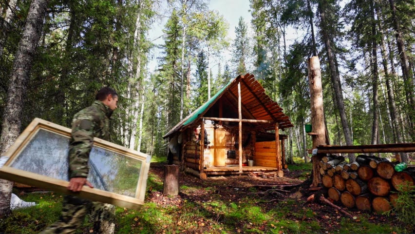 Build Off Grid Cabin in Taiga. Making a new window. Cooking on the campfire.