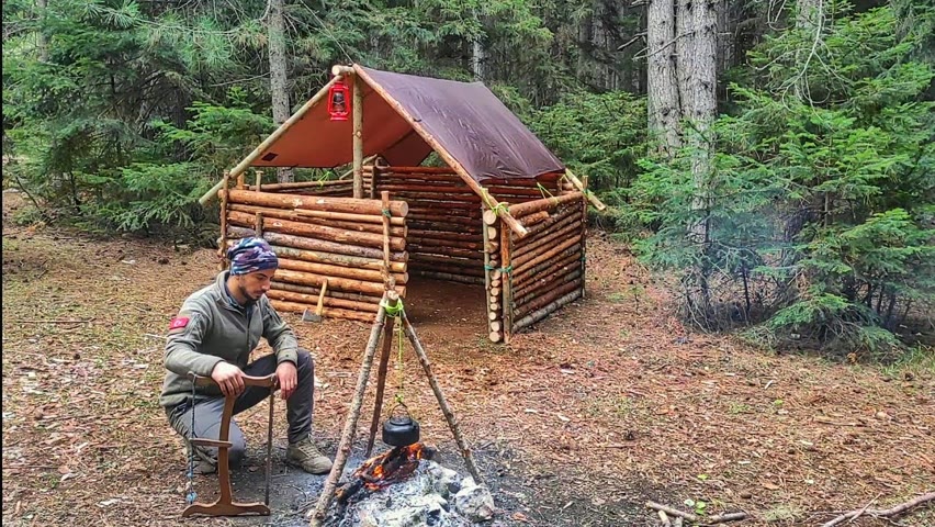 Bushcraft Cabin in the Woods from Start to Finish. 2 Days Bushcraft Camping