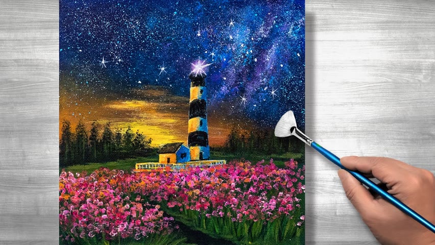 Night of lighthouse painting | Acrylic painting tutorial | step by step #57