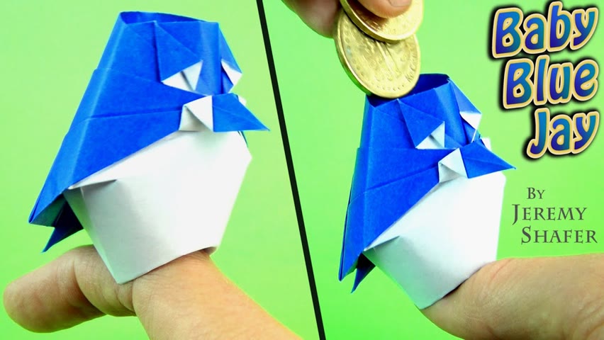 3-D Origami Baby Blue Jay that Sits on a Finger -- NO Tape NO Glue!