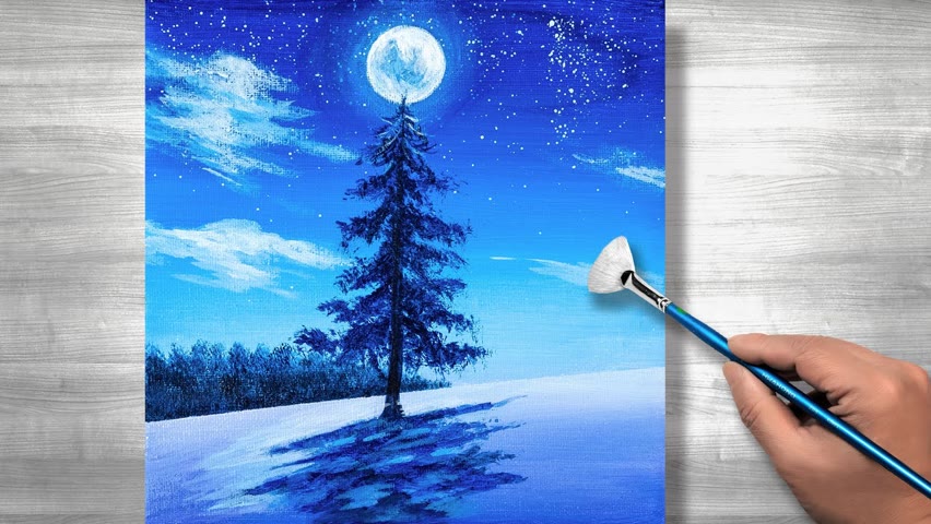 Full moon snow landscape |Easy acrylic painting winter |Daily Art #197