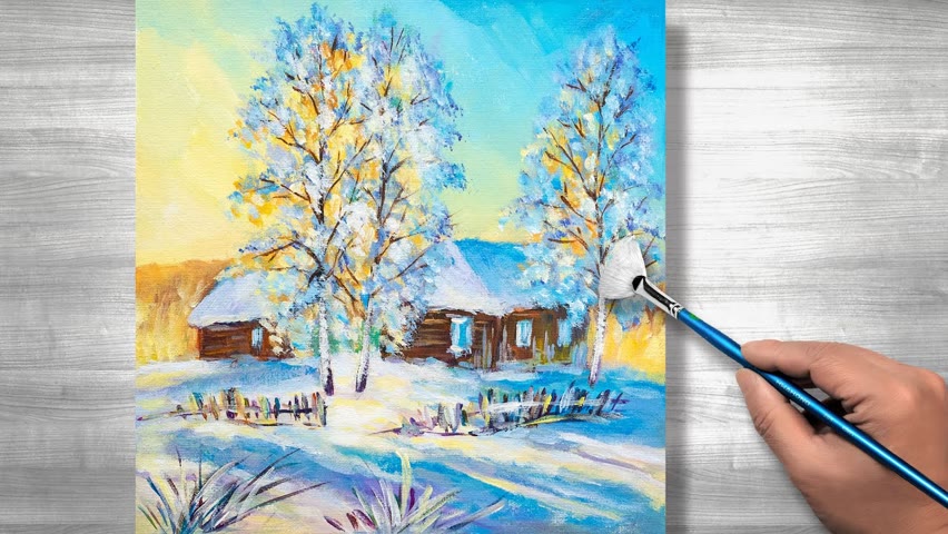 Easy acrylic painting for beginners | Winter Sunrise | daily Art #156
