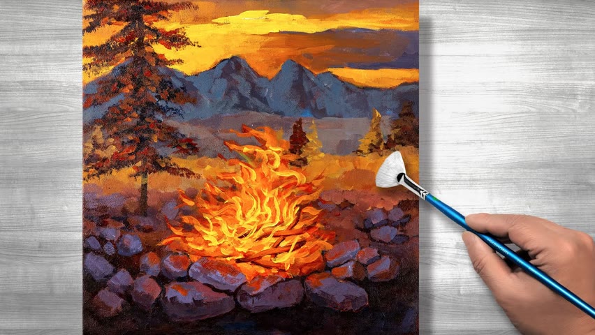 Acrylic painting landscapes | sunset & bonfire | tutorial | art # 185