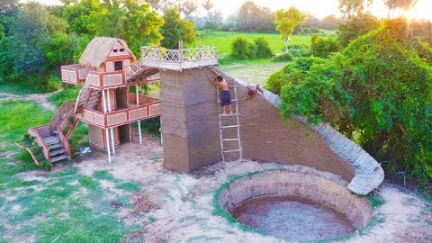 Build Round Swimming Pool & Three Story Mud House With Water slide  Part 2