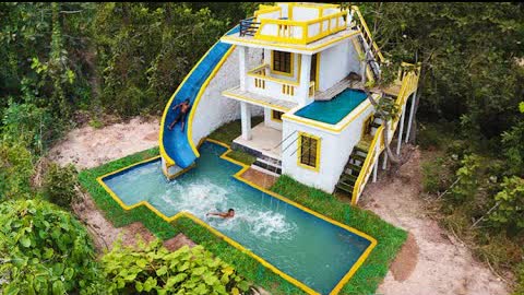 Build The Most Creatively 2-Story Villa House And Modern Water Slide To Swimming Pool In Deep Jungle