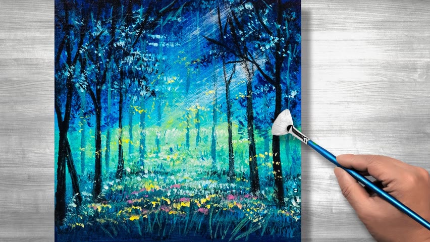Blue forest painting | Acrylic painting tutorial | step by step #30